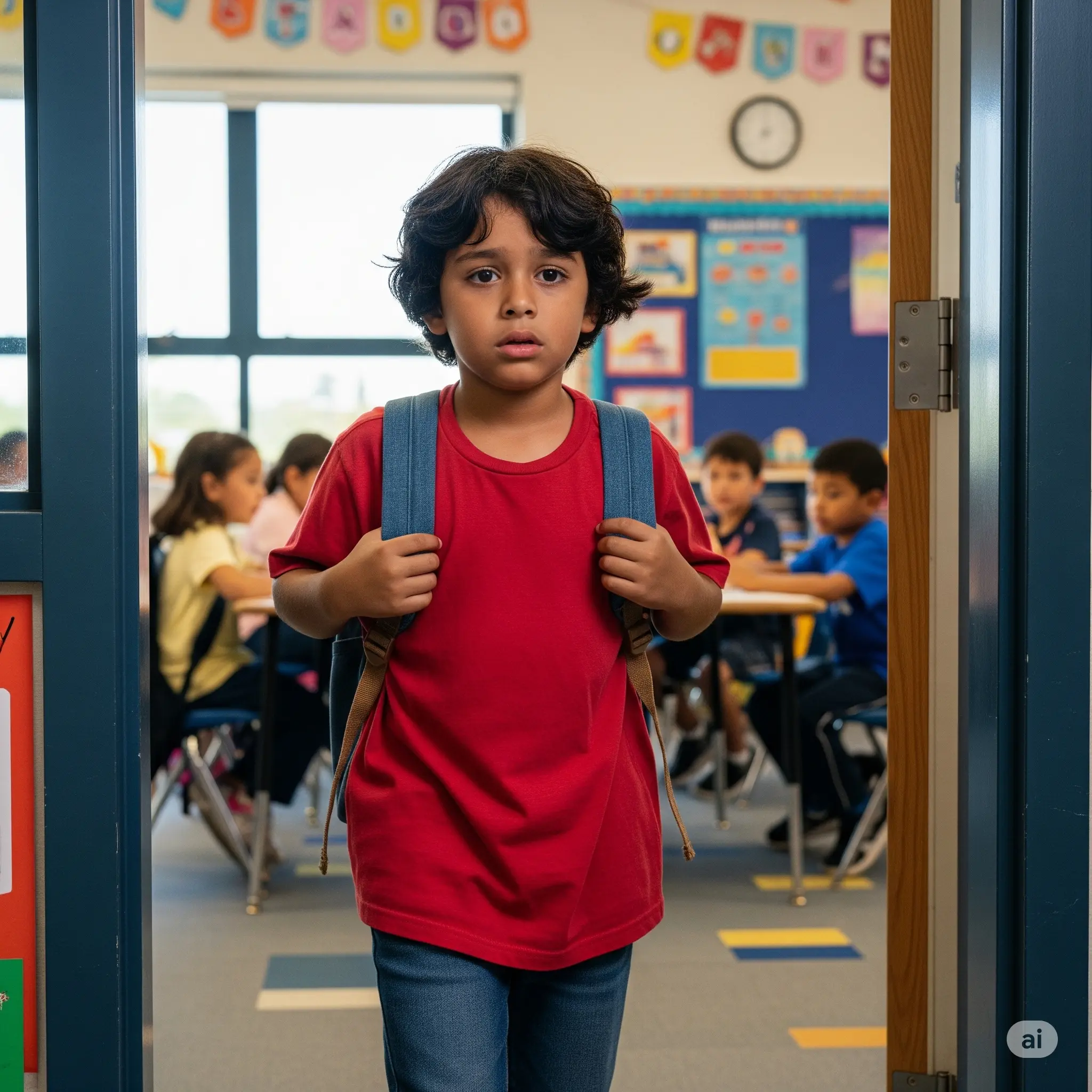 menino latino com ansiedade ao chegar numa sala de ensino fundamental
