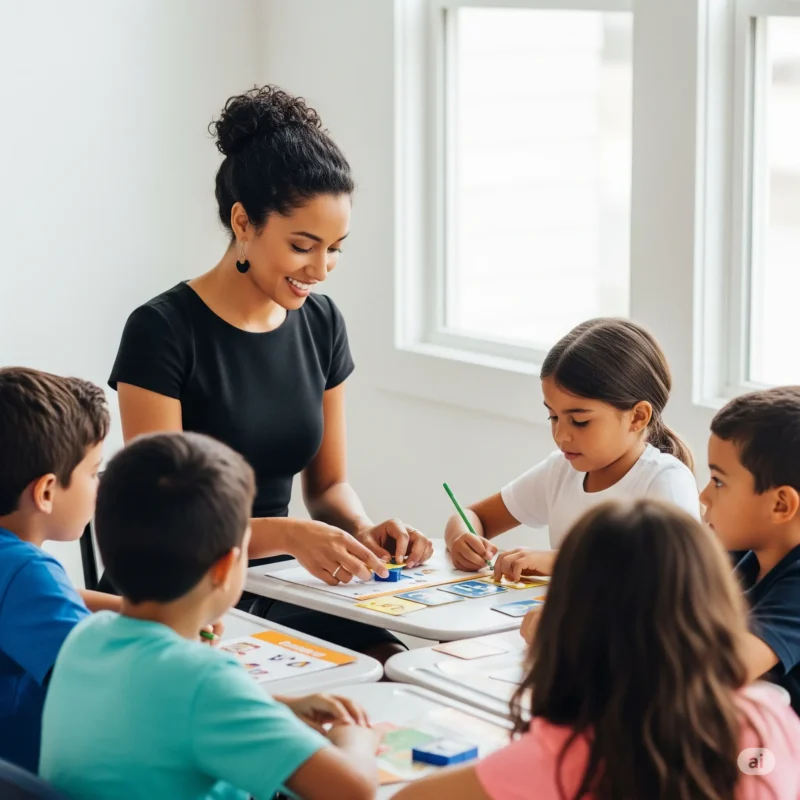 professora latina dando aula particular para um grupo de alunos do ensino fundamental