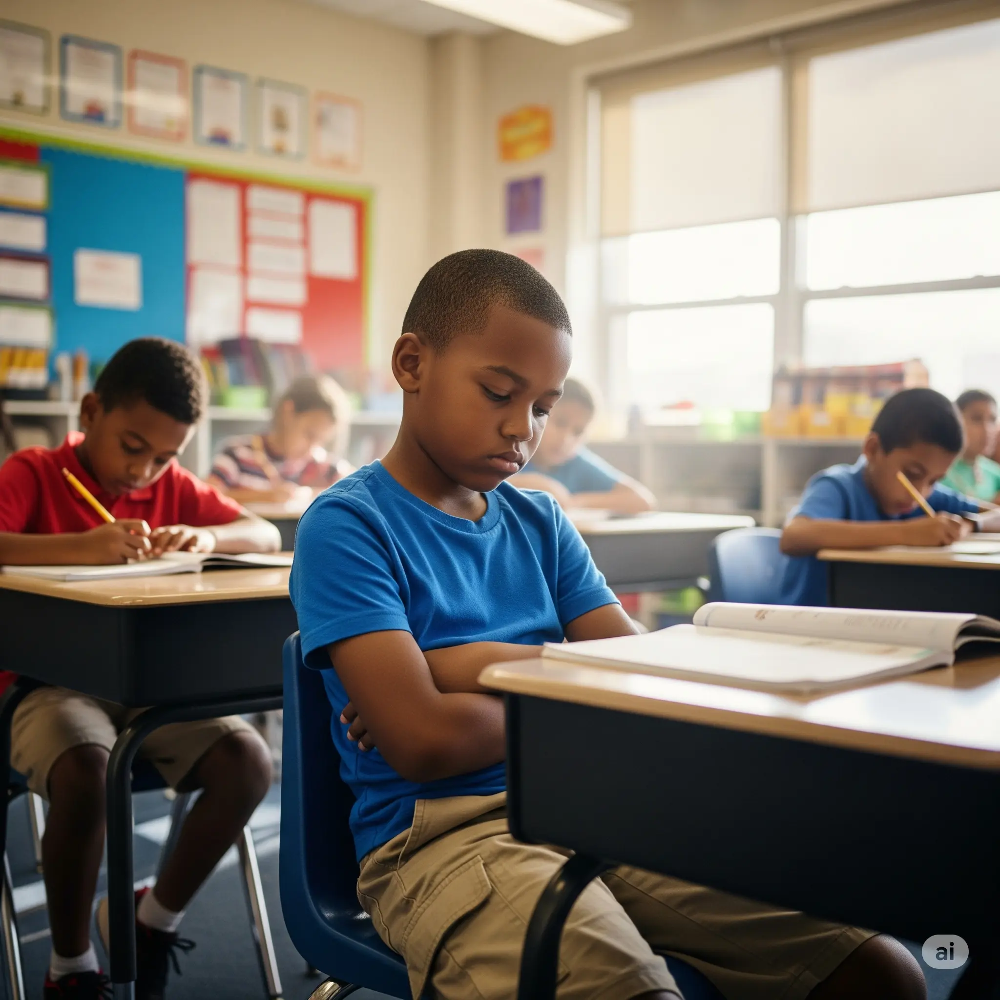 criança negra no ensino fundamental totalmente desmotivada