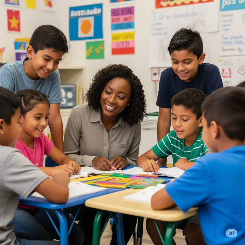 reforco escolar de ensino fundamental em grupo de varios alunos latinos e uma professora negra